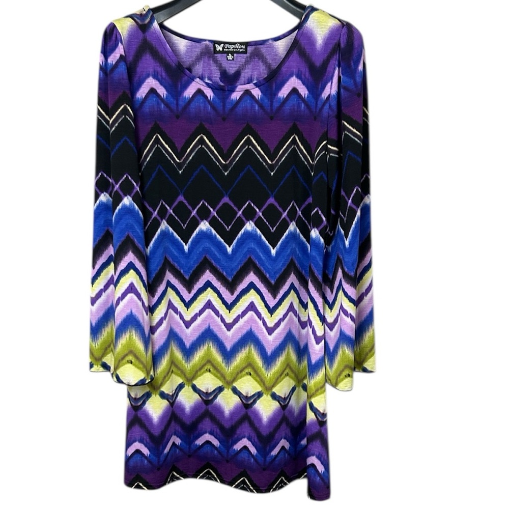 Papillon Chevron Print Long Sleeve Dress Tunic Womenāsā XL Purple Blue Green
